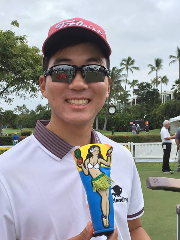 Titleist FPL player Michael Kim with his new Circle T Hula Girl headcover.